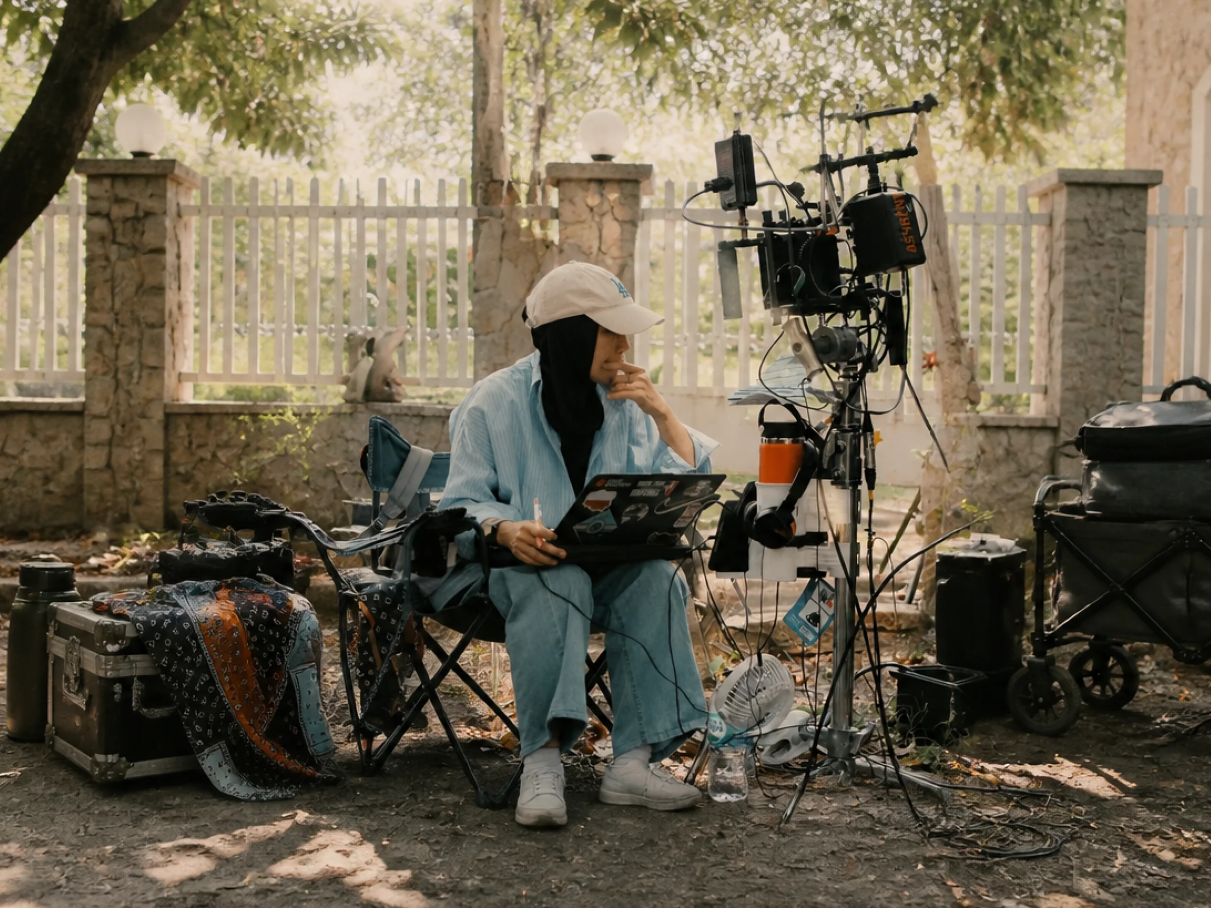 A filmmaker reviewing footage on set
