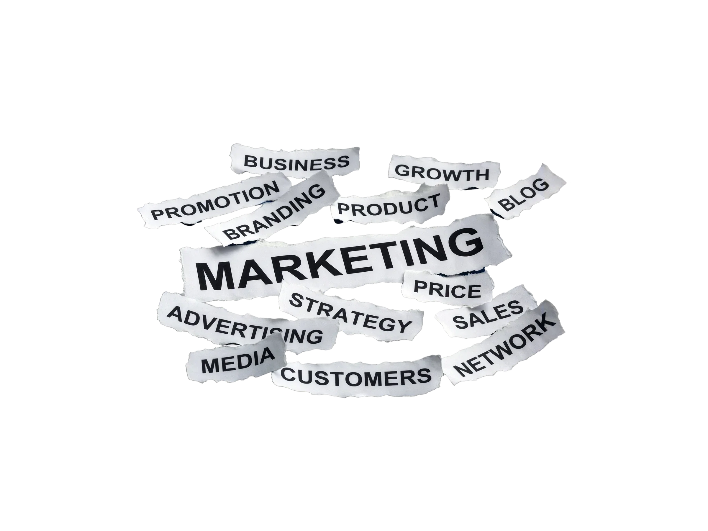 Everything marketing covers, in torn headlines