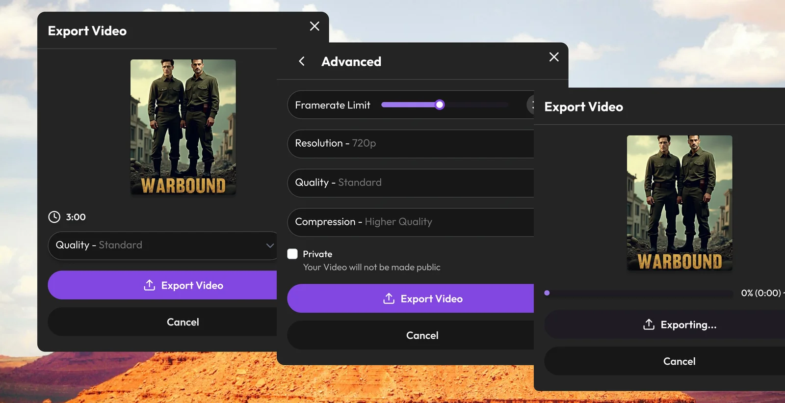 Export settings for a finished film