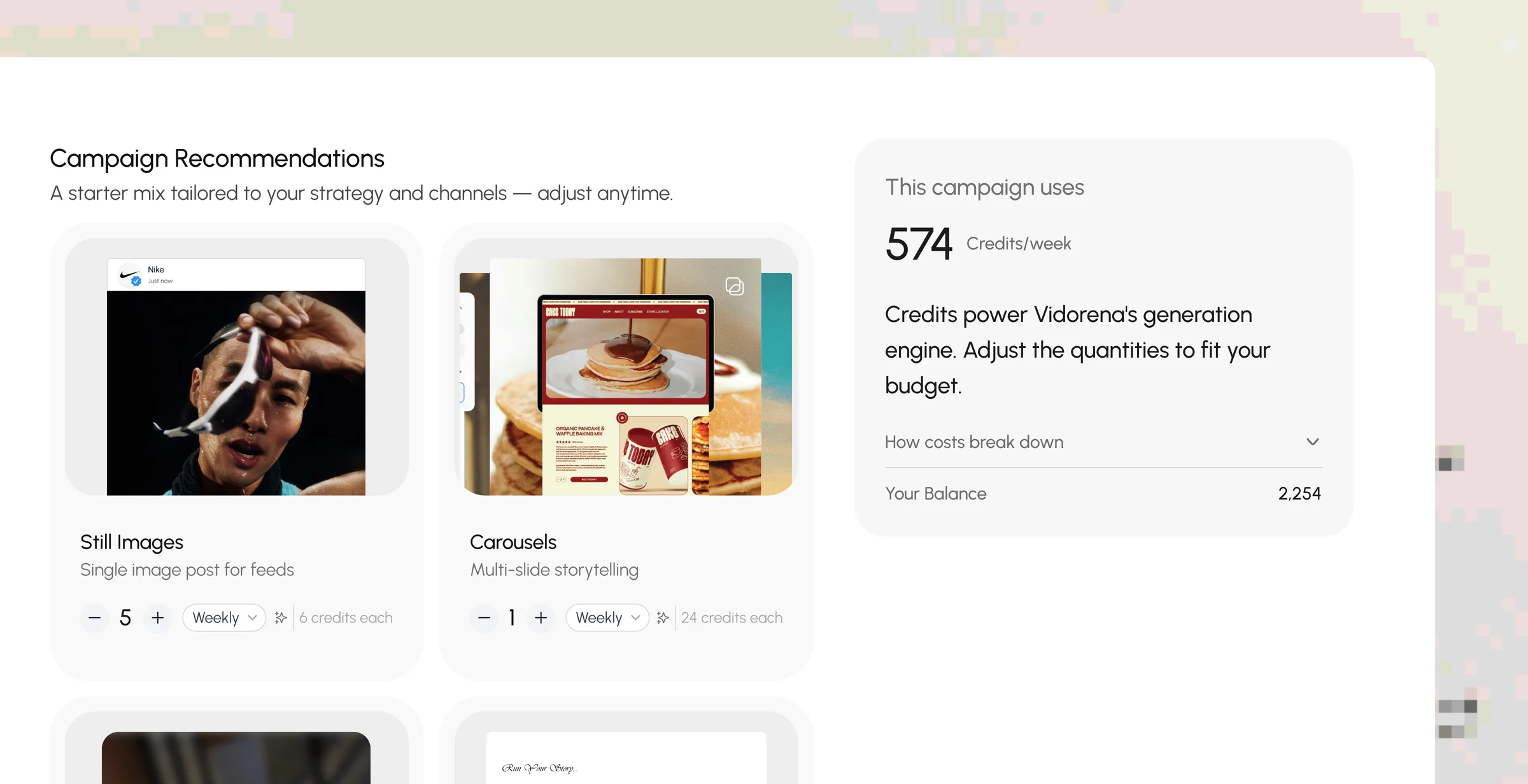 The campaign the teardown leads into: recommended content mix and weekly credits